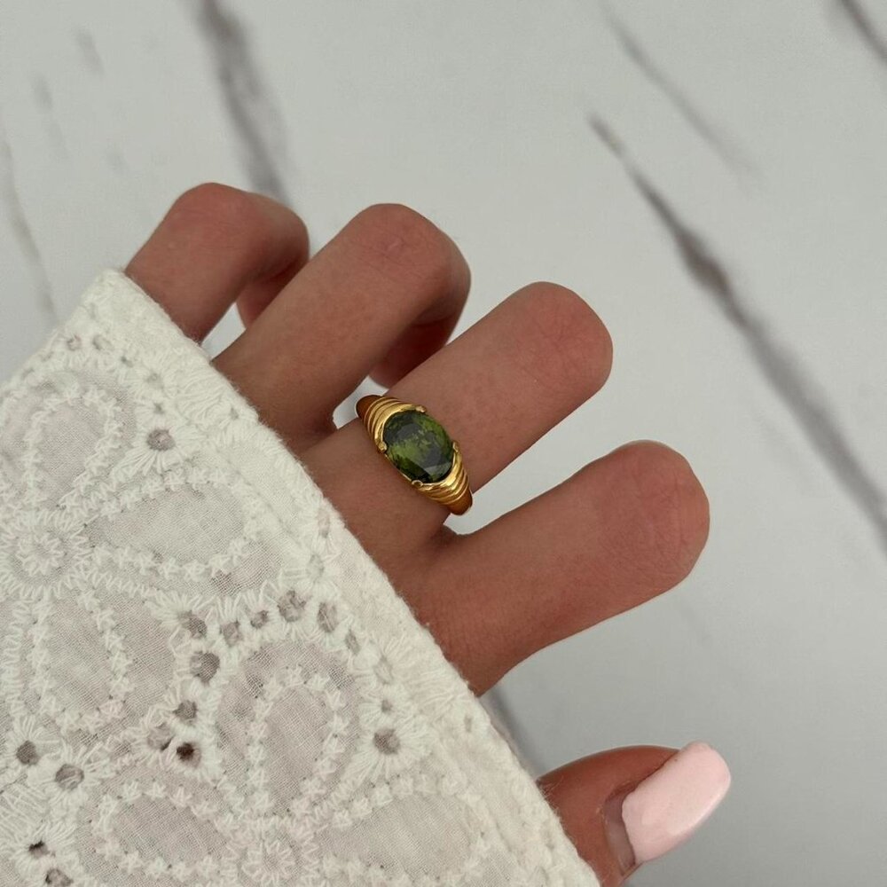 SKU0056 Casual Gold Green Gemstone Women Fashion Ring Stainless steel + gift bag